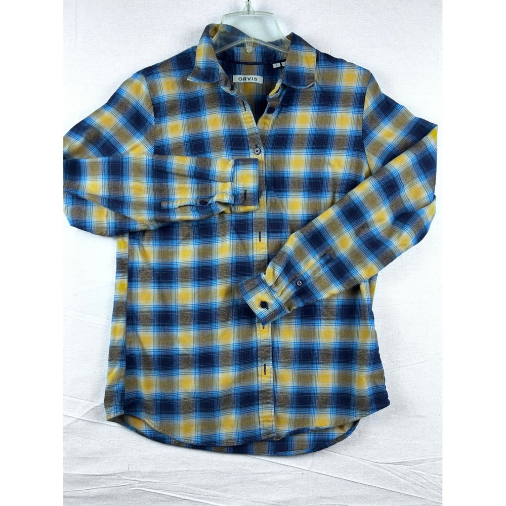 Orvis Womens Blue Yellow Plaid Flannel Long Sleeve Button Down Shirt Size S